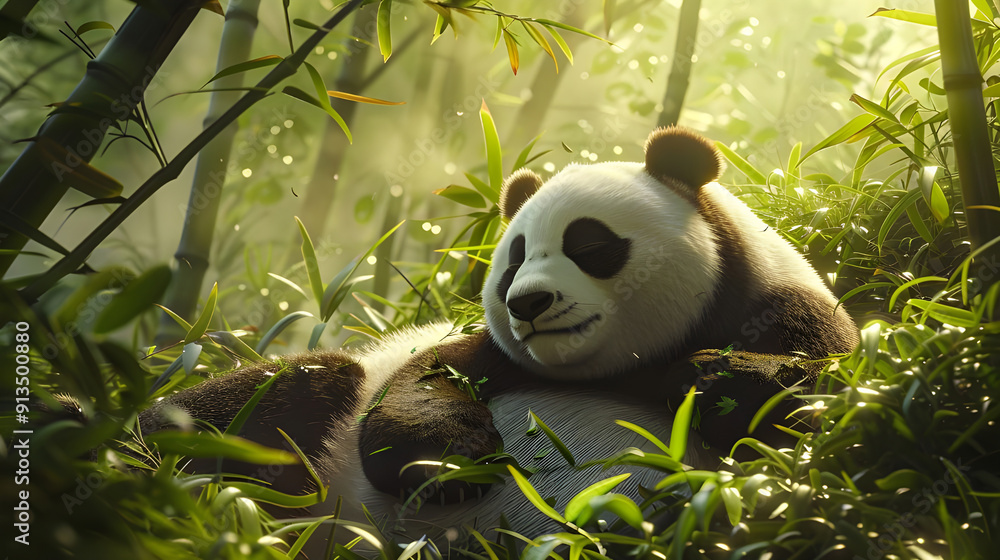 Fototapeta premium Adorable Panda Bear Napping in a Lush Bamboo Forest.