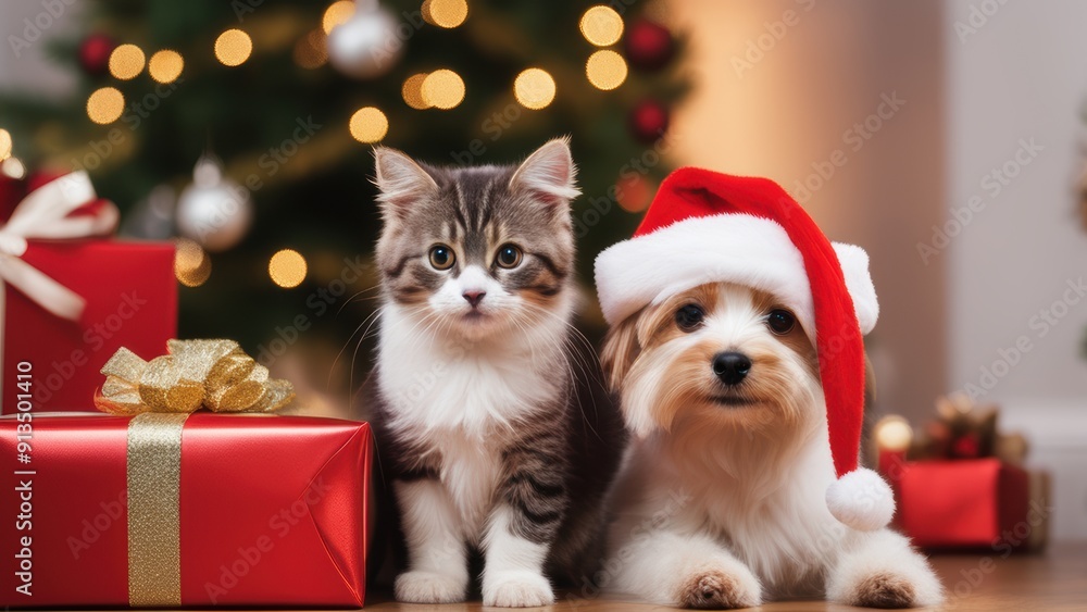 Two festive pets a kitten and dog both wearing Santa hats sit on a gift-covered table in front of a Christmas tree. Two festive pets a kitten and dog both wearing Santa hats sit on a gift-covered table in front of a Christmas tree.