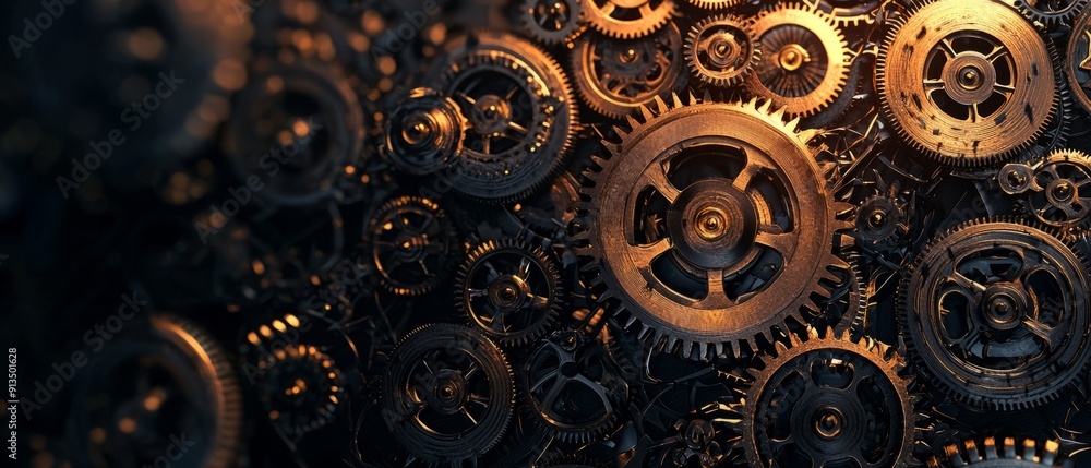 overlay of mechanical cogs, on black background, Generative AI