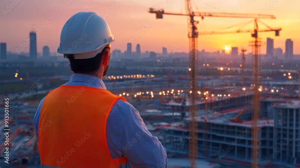 Construction Engineer Overlooking City Project at Sunset Construction Engineer Overlooking City Project at Sunset
