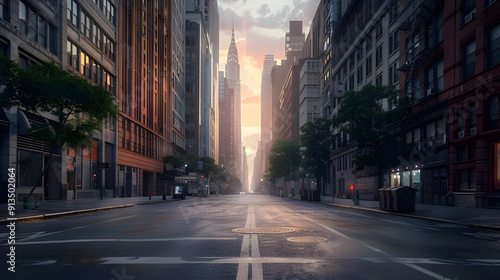 Empty city street at sunrise.