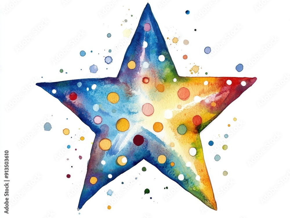 Whimsical and bright watercolor featuring a cheerful star shape with polka dot pattern isolated on a clean white background This playful Whimsical and bright watercolor featuring a cheerful star shape with polka dot pattern isolated on a clean white background This playful