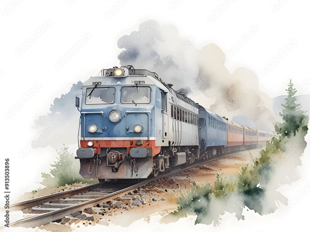 Fototapeta premium Train Watercolor Landscape Nature Art