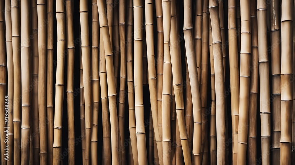 Fototapeta premium Brown bamboo fence. Close up decorative old bamboo wood of fence wall background