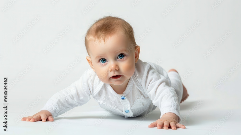 Baby Crawling. Adorable Active Baby Boy Enjoying Carefree Moment on White Background Baby Crawling. Adorable Active Baby Boy Enjoying Carefree Moment on White Background