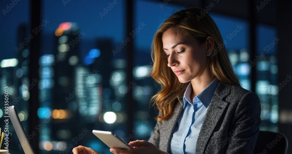 Business woman, typing and tablet in office for corporate communication, internet research and networking. Female person, technology and working late night for project planning and company email Business woman, typing and tablet in office for corporate communication, internet research and networking. Female person, technology and working late night for project planning and company email