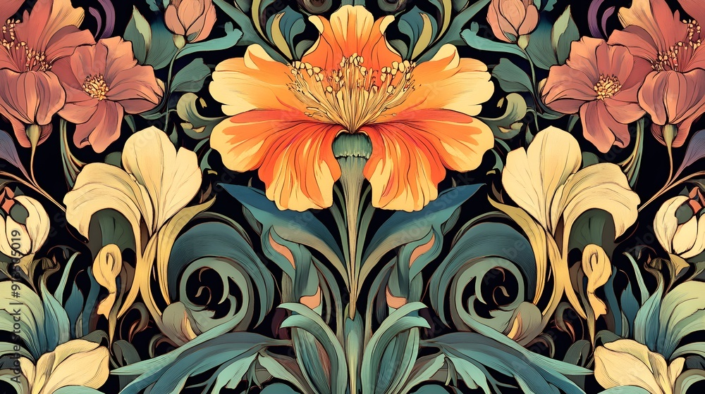 Floral Pattern with Orange and Yellow Flowers on Black Background. Floral Pattern with Orange and Yellow Flowers on Black Background.