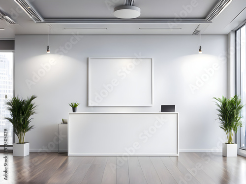 corporate branding identity logo display white blank frame mockup with modern business offices reception background as banner with copy space area mock up