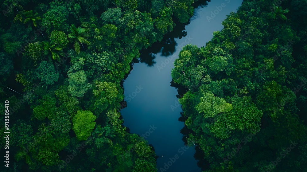Aerial View of a River Flowing Through Dense Forest. Aerial View of a River Flowing Through Dense Forest.