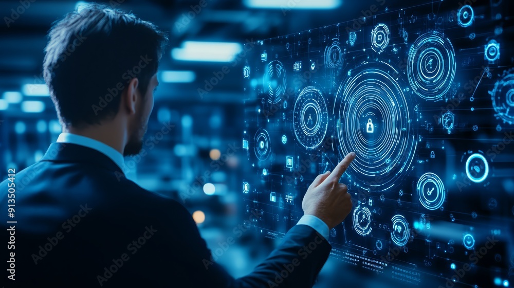Businessman Interacting with Futuristic Digital Interface Businessman Interacting with Futuristic Digital Interface