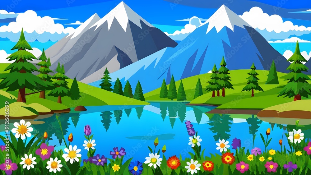 Fototapeta premium Picturesque landscape featuring a tranquil lake reflecting snow-capped mountains under a bright blue sky with lush greenery 