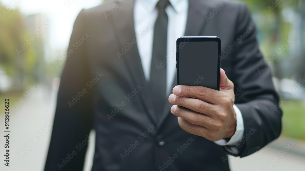 Man in a Suit Using a Smartphone in an Urban Setting Man in a Suit Using a Smartphone in an Urban Setting