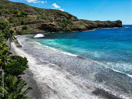 Famous grey sand beach, view from a drone in Hiva Oa, French polynesia, Marquesas photo