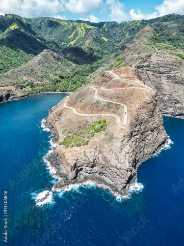 Drone view from a road in Hiva Oa, French polynesia, Marquesas