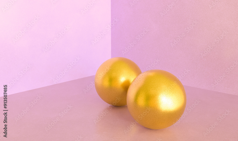 3d gold balls in pink room 3d gold balls in pink room