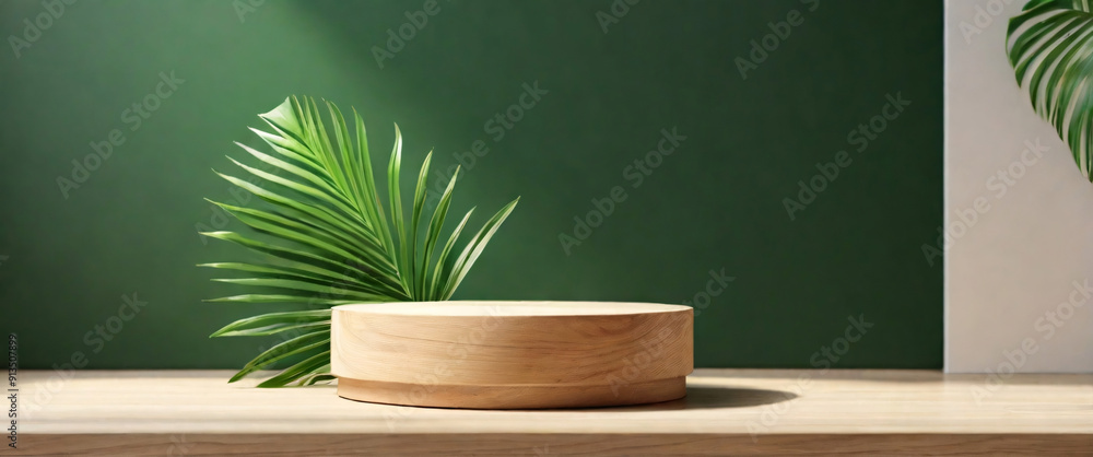 Minimal natural wood podium with green palm leaf with sunlight background. Minimal wooden stand for branding and packaging presentation Minimal natural wood podium with green palm leaf with sunlight background. Minimal wooden stand for branding and packaging presentation