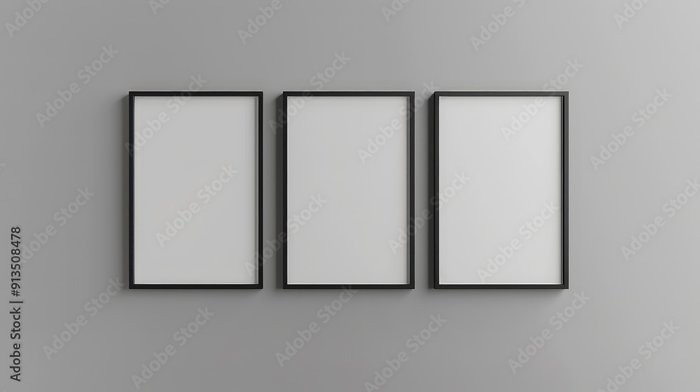 Three black framed pictures, vertically aligned, on a light grey wall. Three black framed pictures, vertically aligned, on a light grey wall.
