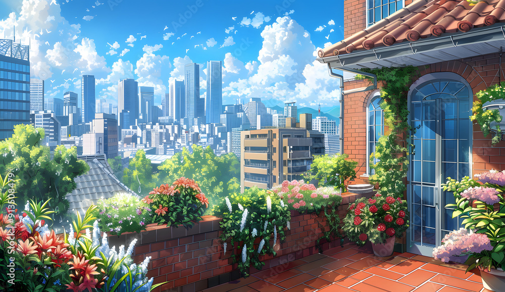 Fototapeta premium A beautiful cityscape view from a rooftop garden adorned with vibrant flowers in various colors. The sunny sky is filled with fluffy white clouds and birds, while the city's skyscrapers stand tall in