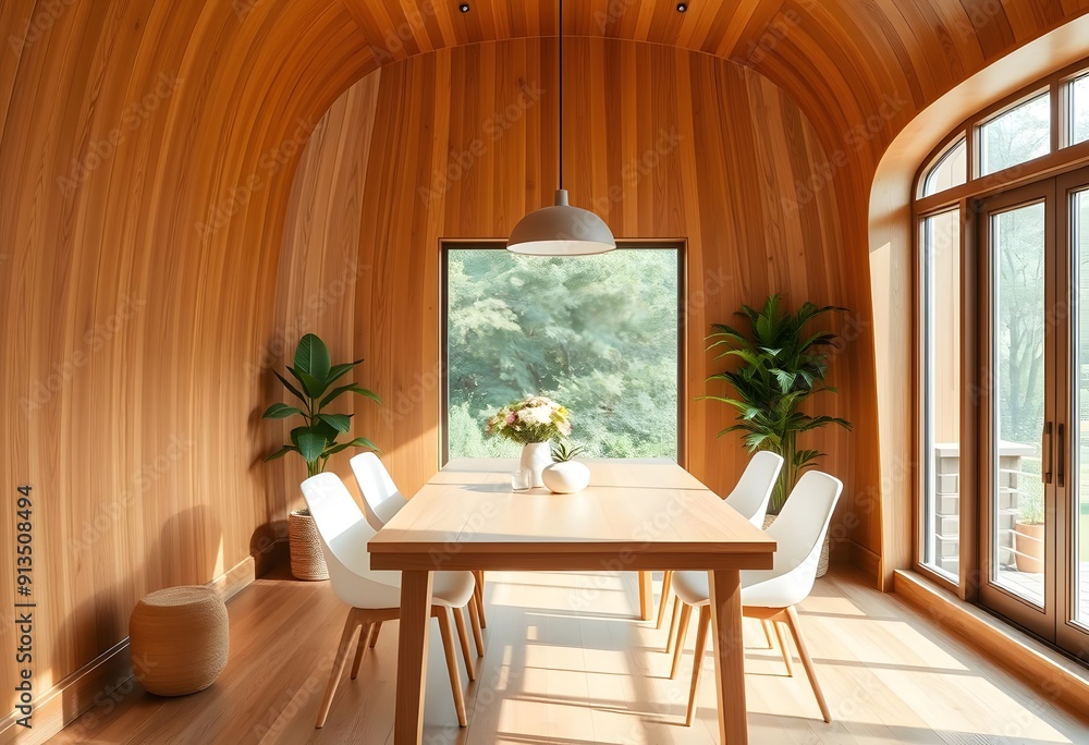 A cozy and bright dining room with a wooden table, white chairs, and large windows overlooking greenery outside. The room has a warm, natural aesthetic with wooden walls and a pendant light fixture A cozy and bright dining room with a wooden table, white chairs, and large windows overlooking greenery outside. The room has a warm, natural aesthetic with wooden walls and a pendant light fixture