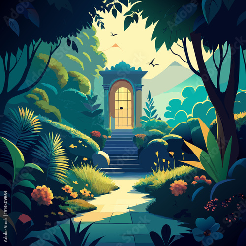 Paint a serene scene of a hidden garden with a secret entrance