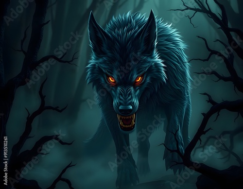 How about: Angry black wolf howling at night in a wild, cartoon-style silho photo