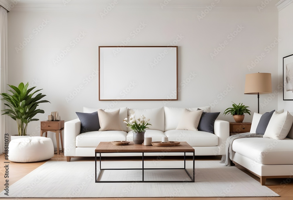 Fototapeta premium A minimalist living room with a white sofa and photo frame, a wooden side table with a fruit bowl, and a blank wooden frame on the wall