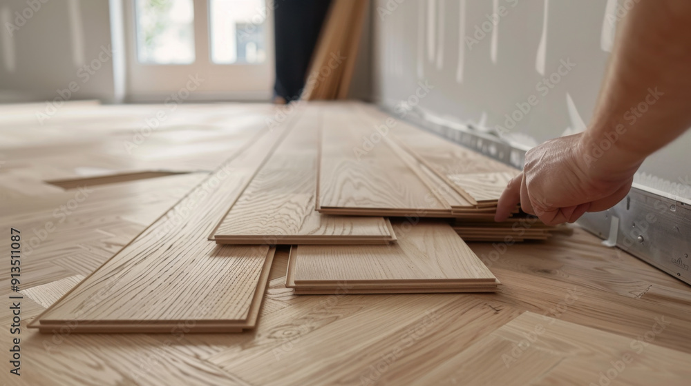 Realistic close-up of parquet being laid, showcasing the texture and craftsmanship. Realistic close-up of parquet being laid, showcasing the texture and craftsmanship.