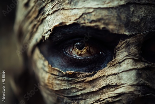 Close-up shot of a mummy's eye, surrounded by aged and decayed bandages, creating a chilling and eerie atmosphere.