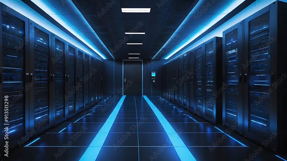 Sleek modern data center corridor with illuminated server racks Sleek modern data center corridor with illuminated server racks