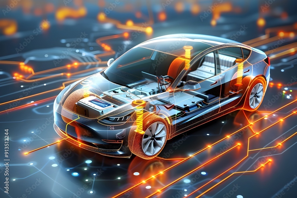 Futuristic Transparent Electric Car on Circuit Board Background. Futuristic Transparent Electric Car on Circuit Board Background.