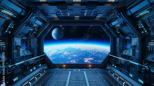 Fototapeta Naklejka Na Ścianę i Meble -  Dark blue spaceship futuristic interior with view of planet earth and moon