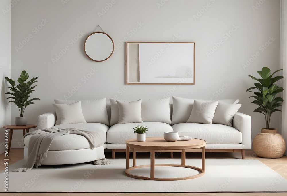 A minimalist living room with a white sofa and photo frame, a wooden side table with a fruit bowl, and a blank wooden frame on the wall A minimalist living room with a white sofa and photo frame, a wooden side table with a fruit bowl, and a blank wooden frame on the wall