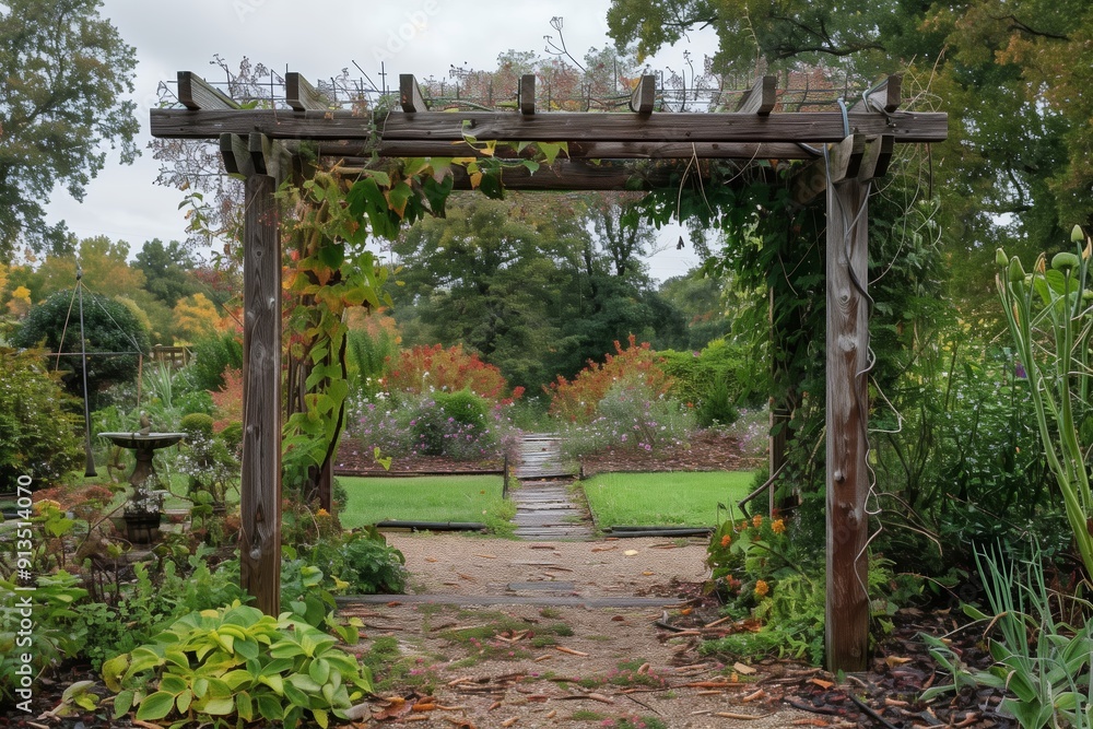 Beautifully Designed Wooden Archway Leading to a Colorful Garden in Autumn Afternoon Beautifully Designed Wooden Archway Leading to a Colorful Garden in Autumn Afternoon