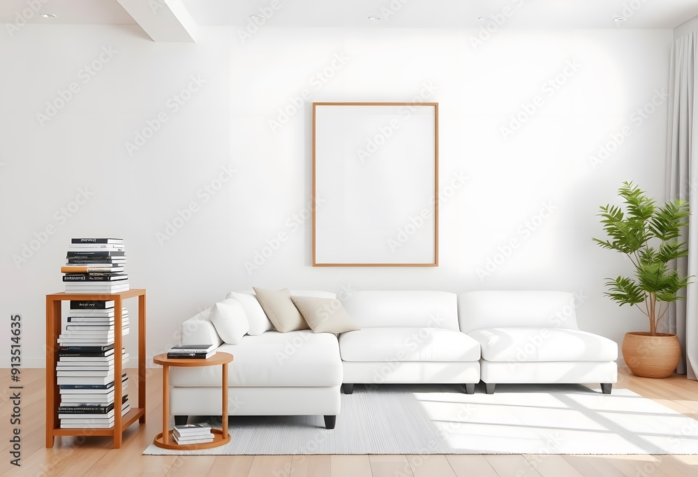 Fototapeta premium A minimalist living room with a white sofa and photo frame, a wooden side table with a fruit bowl, and a blank wooden frame on the wall