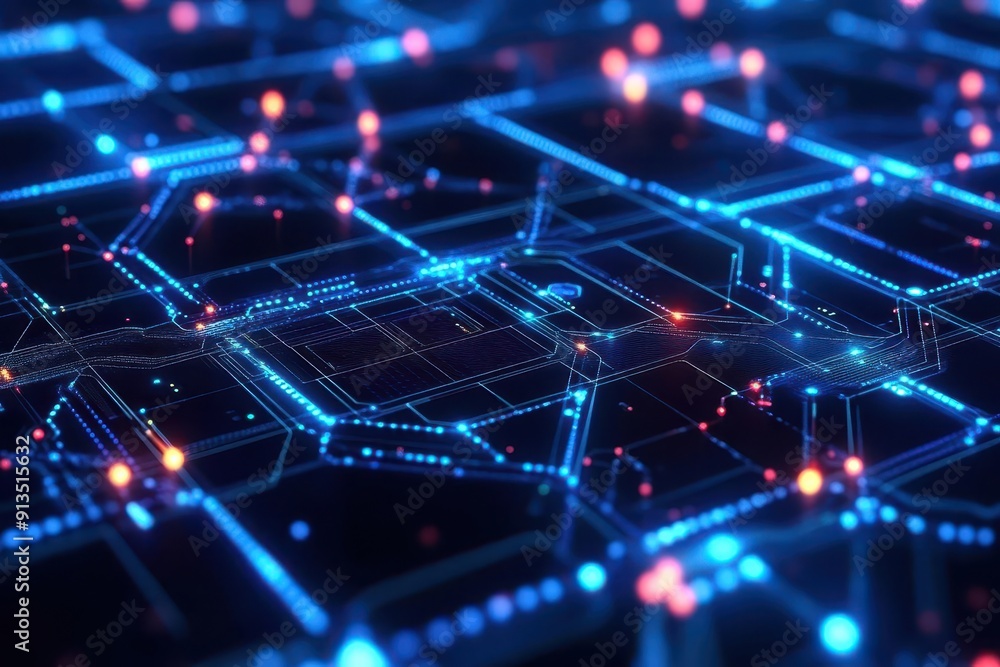 Vibrant digital network with interconnected nodes and glowing lines, representing technology and innovation in a futuristic landscape. Vibrant digital network with interconnected nodes and glowing lines, representing technology and innovation in a futuristic landscape.