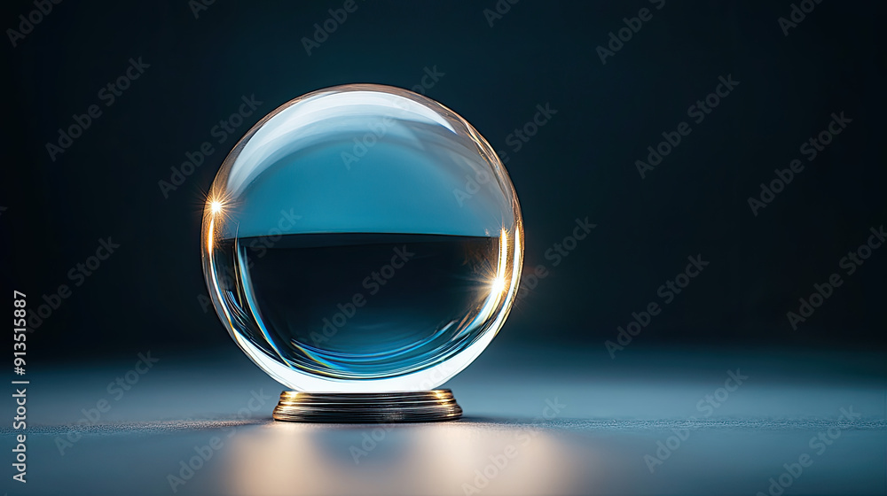 A crystal ball resting on a reflective surface, showcasing clarity and depth with enchanting lighting and an abstract background. A crystal ball resting on a reflective surface, showcasing clarity and depth with enchanting lighting and an abstract background.