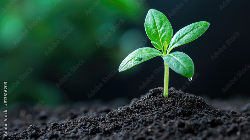 Naklejka premium A vibrant green plant sprouting from rich soil, symbolizing growth, renewal, and nature's beauty in a tranquil environment.