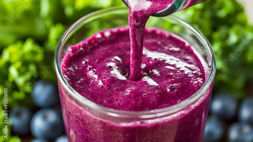 Close-Up of Gut-Friendly Smoothie with Kale, Blueberries, Pouring into Glass with Probiotic Yogurt Visibility