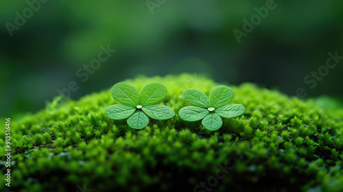 Close-up of two delicate green leaves on a lush moss background, showcasing nature's intricate beauty and tranquility.