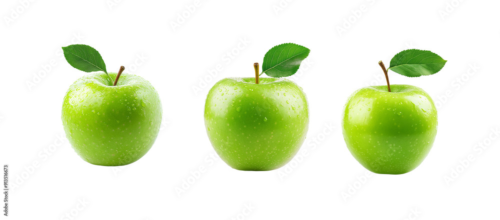 Set of green apples with leaves isolated on white background, Set of green apples with leaves isolated on white background,