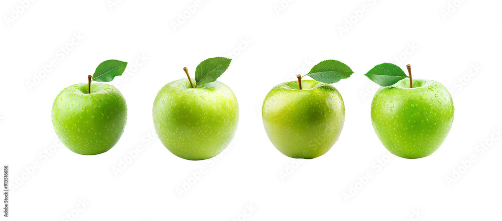 Set of green apples with leaves isolated on white background, Set of green apples with leaves isolated on white background,
