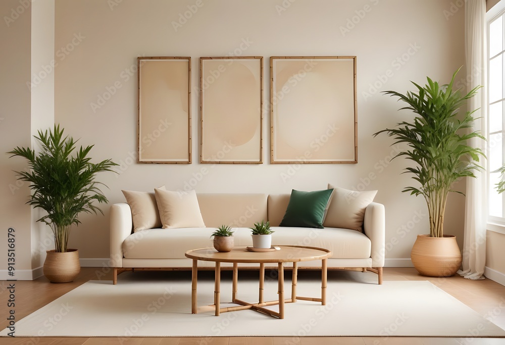A minimalist living room with a white sofa and photo frame, a wooden side table with a fruit bowl, and a blank wooden frame on the wall
