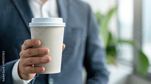 A businessman holding a paper coffee cup in a modern office, showcasing a blend of professionalism and everyday comfort.