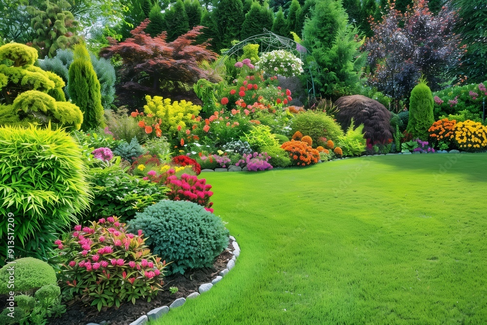 Vibrant Flowering Garden With Diverse Plants and Lush Green Lawn in Bright Daylight Vibrant Flowering Garden With Diverse Plants and Lush Green Lawn in Bright Daylight
