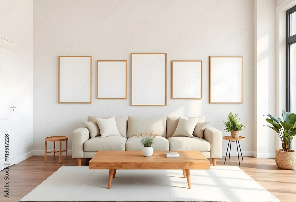 A minimalist living room with three empty picture frames on the wall and a beige sofa, a round wicker coffee table, A minimalist living room with three empty picture frames on the wall and a beige sofa, a round wicker coffee table,