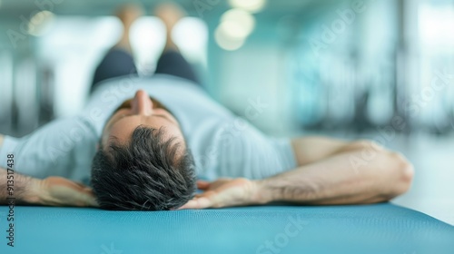 A man relaxing on a yoga mat in a bright gym, promoting wellness and fitness for physical and mental recovery.