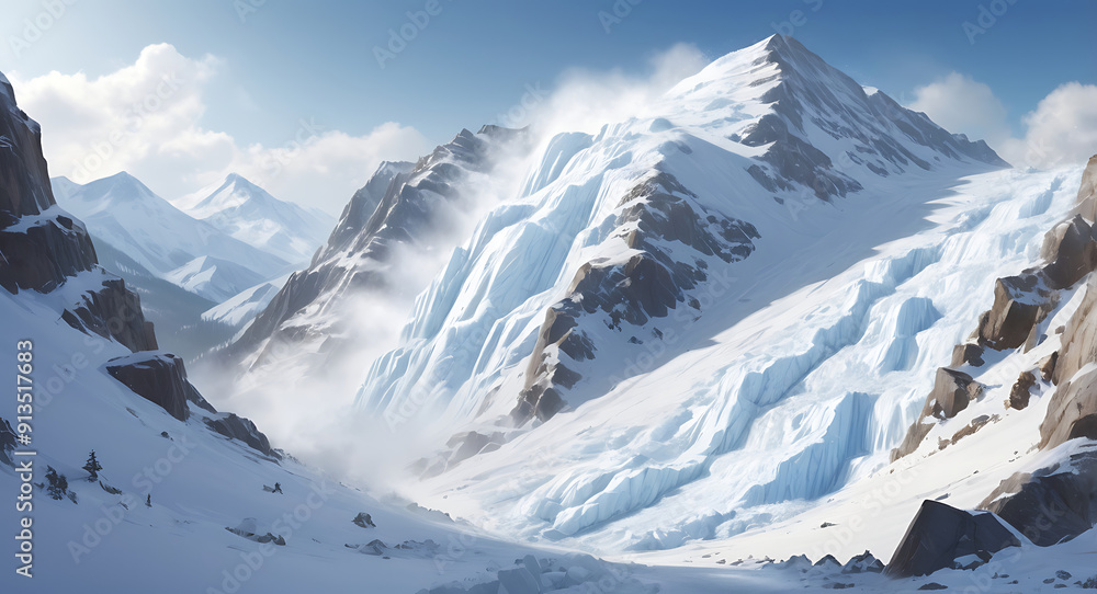 Obraz premium Illustration of an Avalanche Descending a Mountain Slope with Snow and Ice, Featuring Generous Copy Space for Adding Text or Branding Information