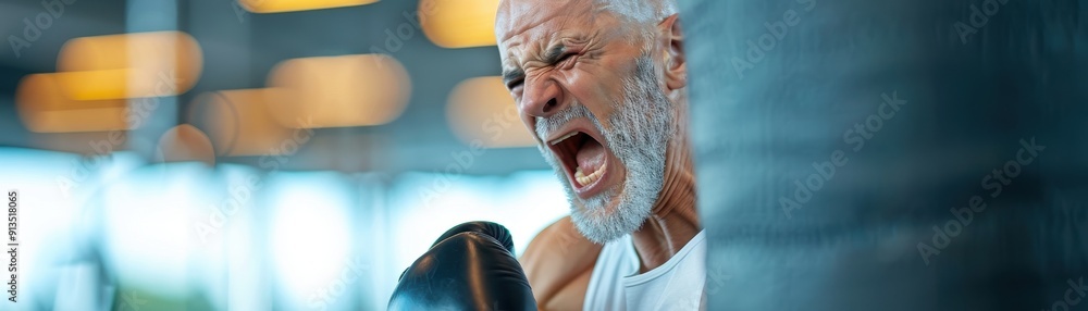 An elderly man passionately punches a heavy bag, showcasing intense ...