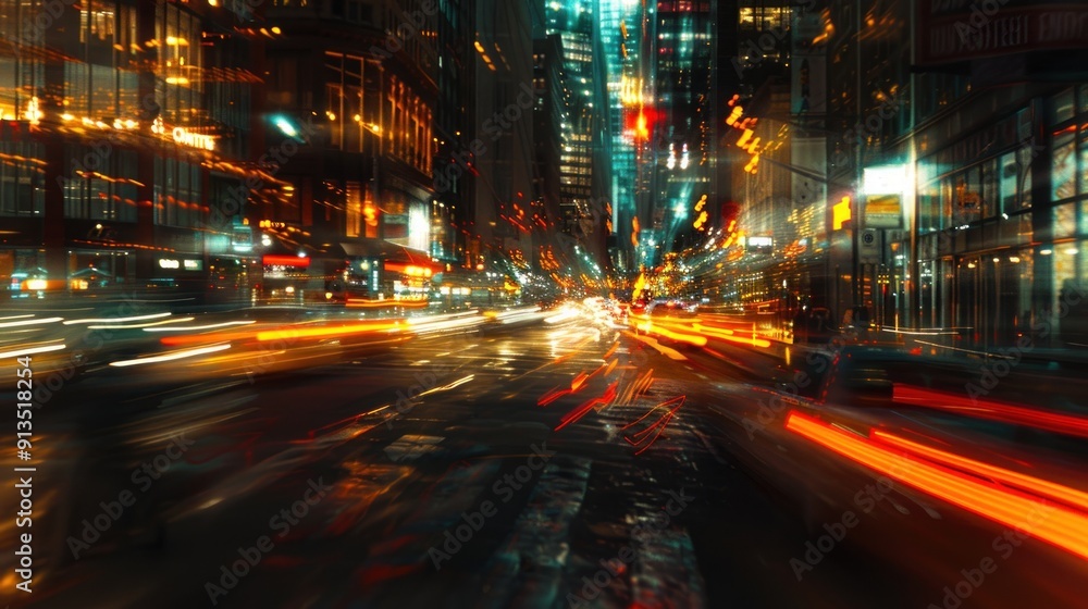 Blurry City Street at Night with Motion. generative AI Blurry City Street at Night with Motion. generative AI