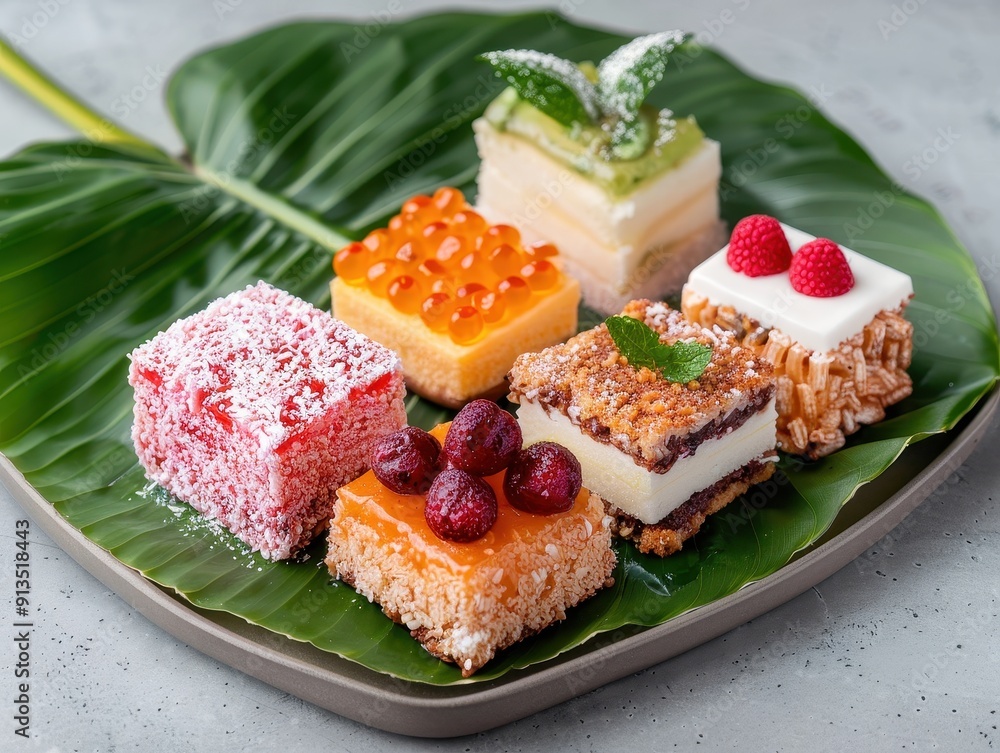 Delicious assorted desserts arranged on a leaf. A visual feast of colors and textures ideal for sweet tooth enthusiasts. Delicious assorted desserts arranged on a leaf. A visual feast of colors and textures ideal for sweet tooth enthusiasts.